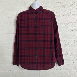 Goodfellow & Co Mens Button Down Shirt L Red Blue Plaid Slim Long Sleeve AQ20